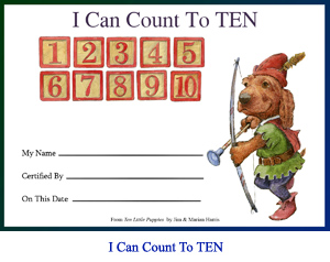 ‘I Can Count To Ten’ Award Certificate. Art of wooden number blocks and puppy archer with spaces for child’s name, teacher’s name and achievement date.